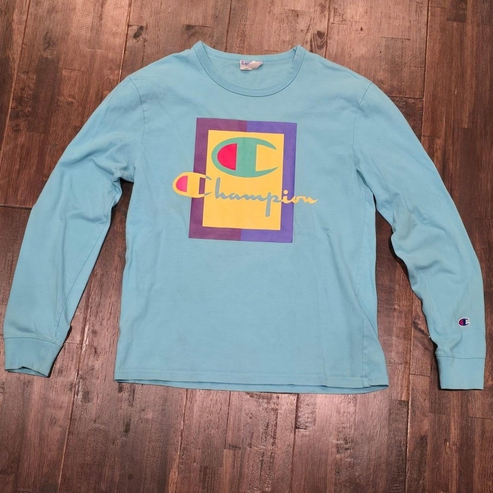Y2K Champion Long Sleeve T-Shirt Mens M Light Blue Color Block Retro Graphic Tee